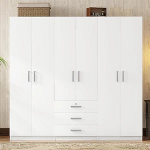 Large White 6 Doors Wooden Wardrobe, Bedroom Tall Armoire Closet Organizer with - Picture 1 of 7