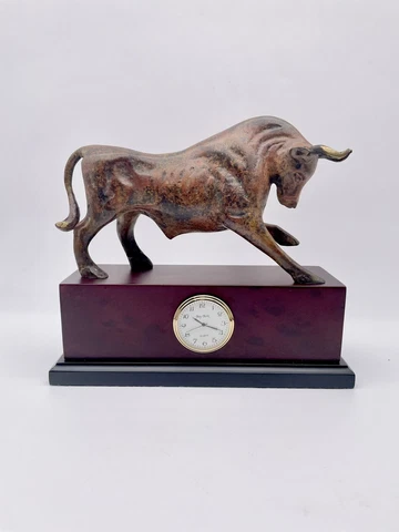 Brass Bull on Base Bey Berk Wood base Quartz clock ,  Brass Animal Desk Decor Cover