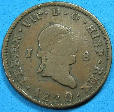Spain 8 Maravedis Copper Coin 1820 J, Ferdinand VII KM-491, Combined Shipping - Image 1 of 2
