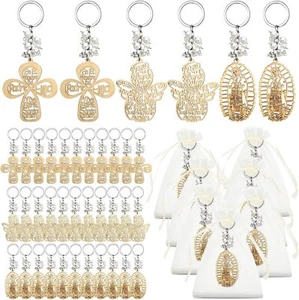 30 Pcs Cross Wooden Keychain with Organza Gift Bags Baptism Favor (White Pearls) - Picture 1 of 6