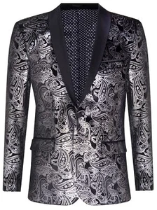 Mens Classic Silver Paisley Black Velvet Tuxedo Dinner Jacket Tailored Blazer - Picture 1 of 4