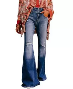 Sky Blue Button Fly Ripped High Waist Flare Jeans - Picture 1 of 14