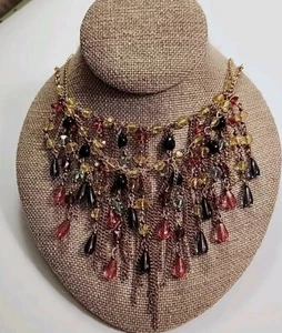 BOHO Double Strand Waterfall Necklace Gold Tone Chains & Acrylic Beads - Picture 1 of 10