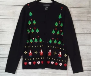 ALL POINTS Christmas Cardigan Sweater Womens sz M Black Applique Trees Santa NWT - Picture 1 of 8