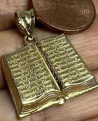 GOLd 10k bible holy book pendant necklace christian gift solid pray lord god 1" - Image 1 of 4
