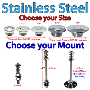 Stainless Steel Polished Hood Pins Quick Latch Push Button Pro Series USA Made - Picture 1 of 56
