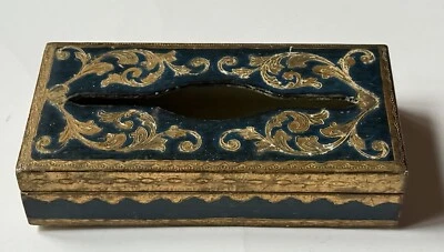 RARE Vintage Gold *BLUE Hollywood TISSUE HOLDER Cover Antique ITALY Florentine - Image 1 of 4