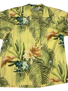 Tommy Bahama Shirt Mens Large Yellow 100% Silk Hawaiian Floral Palm Beach Summer - Picture 1 of 5