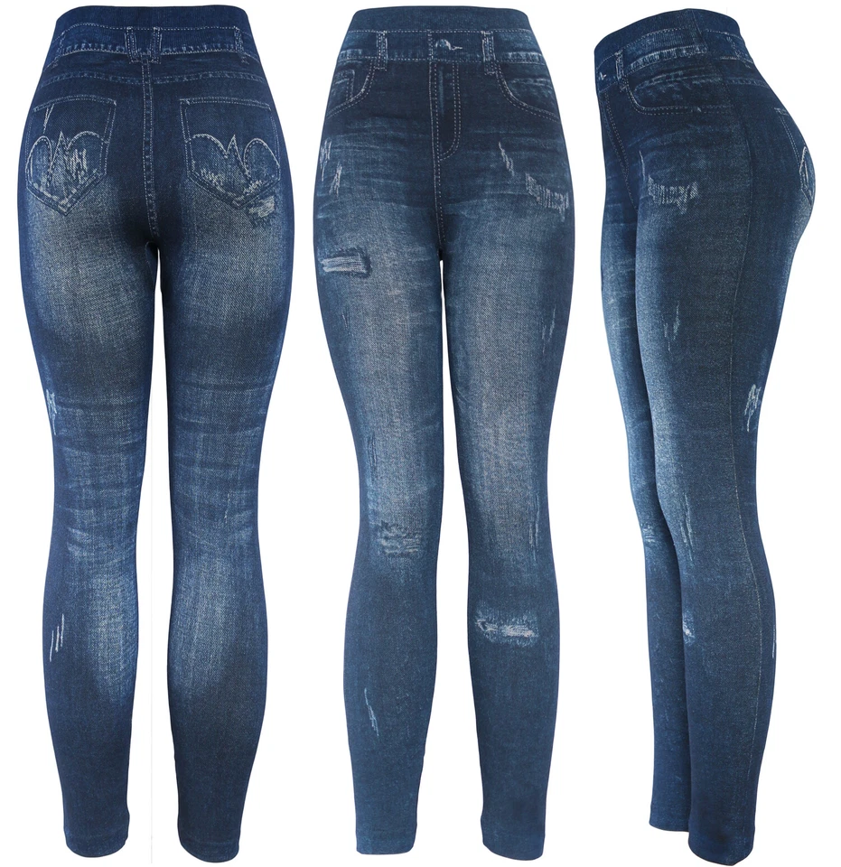 Pantalones leggings clásicos de cintura alta para mujer con estampado de mezclilla de imitación falsos Foto 1 de 1