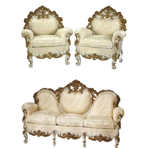 Sofa, Bergeres, Italian Rococo Style Carved and Gilt, Satin Brocade, Set of 3! Cover