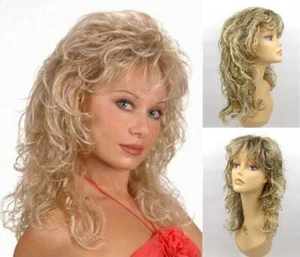 WOMENS MEDIUM LENGTH MIX OF PERM-LIKE & SLIGHTLY CRIMPED CURLS CURLY WIG CECILIA - Picture 1 of 11