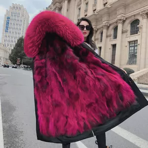 Winter Women's Genuine Raccoon Fur Collar/Liner Coats Long Parka Jackets Outdoor - Picture 1 of 40