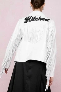Leather Fringe Jacket Women Hitched White Bride Bachelorette Nasty Gal S AUUK6 8 - Picture 1 of 11