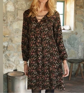 Peruvian Connection XL Floral Midi Dress V Neck Black Purple Peasant Pleated - Picture 1 of 11