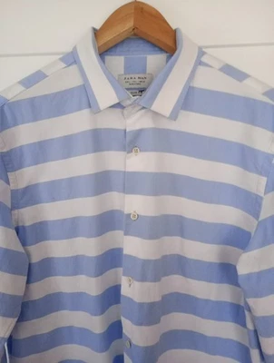 ZARA LARGE MENS SLIM FIT  BLUE/WHITE LONG SLEEVE SHIRT 100% COTTON: EXC COND - Image 1 of 4
