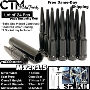 24x 4.5" Tall 12x1.5 Black Spline Spike Lug Nut + Key Fit 6-Lug Wheel Model - Picture 1 of 4