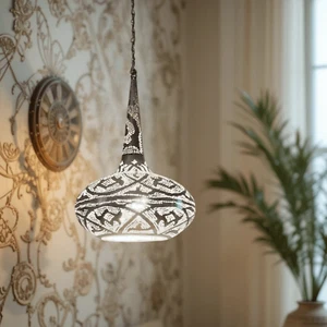 BR419 Handcrafted Steel Hanging Lamp - Silver Moroccan Hardwired Pendant Light - Picture 1 of 4