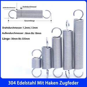 Pull spring with hook, stainless steel pull springs wire thickness 1.2 mm 1.5 mm length 30 mm-335 mm - Picture 1 of 12