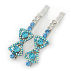 Pair Of Clear/Sky Blue/ AB Swarovski Crystal 'Bow' Hair Slides In Rhodium