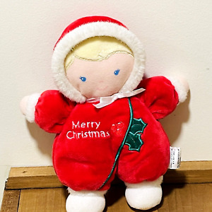 Prestige Baby Christmas Holly Doll 8" Plush Lovey Rattle Red Blonde Blue Eye 