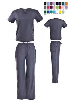 Unisex Scrub Sets Solid V-Neck Top Cargo Pant Men Women Medical Nursing Uniform  - Image 1 of 4