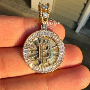 Bitcoin Pendant 14K Gold Tone Baguette Iced Out Bling + Free Steel Cuban Chain - Picture 1 of 8