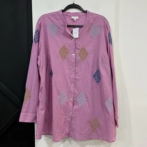 Neu mit Etikett J Jill Camellia besticktes Tunika-Top mit Knopfleiste Größe 2X - Bild 1 von 6