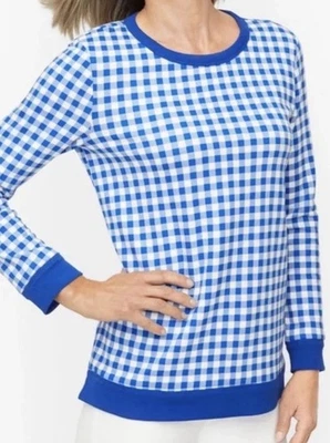 NWT Talbots Women’s Size M Blue Gingham Cotton Blend Crew Neck Pullover Fleece - Image 1 of 4