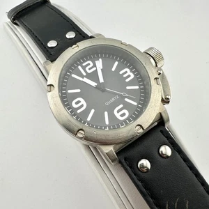 Quartz Watch Mens 48mm Black Dial Japan Movement Stainless Case Leather Strap - Picture 1 of 13
