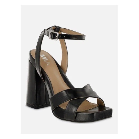 Sexy 9 tacones MIA Eloise de cuero vegano brillante con tiras en bloque punta abierta Foto 1 de 4