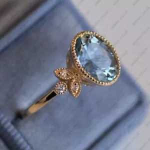 Aquamarine Gemstone & CZ Vintage Ring, 925 Sterling Silver Gold For Her Wedding - Picture 1 of 6
