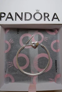 PANDORA 925 ALE Silver Heart T-Bar Snake Chain Charm Bracelet 18cm / 7.1 w/Pouch - Picture 1 of 3