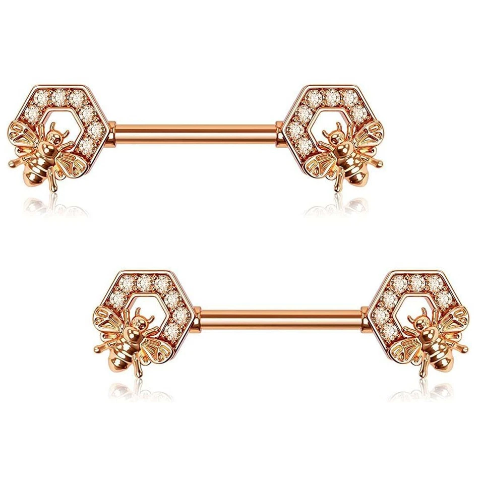 Par de protectores para pezones de panal de circonita cúbica transparente Rose Bee calibre 14 9/16 pulgadas barra F217 Foto 1 de 1