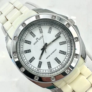 Anne Klein Crystal Bezel Silver Tone, White Bracelet Watch, New Battery - Picture 1 of 12