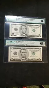 TWO 1999 BOSTON Five Dollar PMG GEM UNC 66 EPQ Fed Reserve STAR NOTE $5 BILLS - Picture 1 of 4