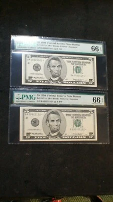 TWO 1999 BOSTON Five Dollar PMG GEM UNC 66 EPQ Fed Reserve STAR NOTE $5 BILLS - Image 1 of 4