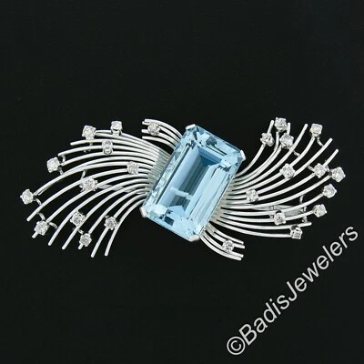 Broche de alambre de diamante aguamarina corte esmeralda GIA vintage hecho a mano platino 20,5 ctw Foto 1 de 4