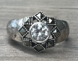 Vintage Sterling 925 Marcasite CZ Eight Pointed Star Octagram Gothic Ring SZ 9 - Picture 1 of 10