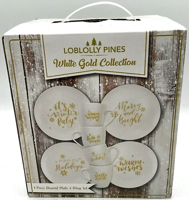 Loblolly Pines White Gold Collection 8 Piece Dessert Plate & Mug Set Christmas - Image 1 of 4