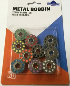 10 X SEWING MACHINE METAL BOBBINS WITH 10 DIFFERENT COLORED THREADS, 20 MM DIA - Bild 1 von 3