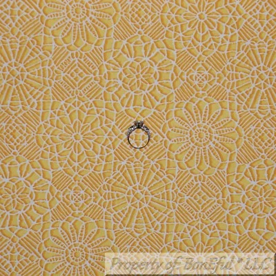 BonEful FABRIC FQ Cotton Quilt Yellow White VTG Lace Flower Garden Cottage Print - Image 1 of 4