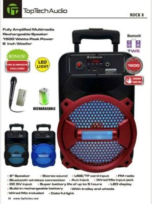 TOPTECH 8" Bluetooth 1500 Watts Professional FM Radio Karaoke Multimedia Speaker Rock-8