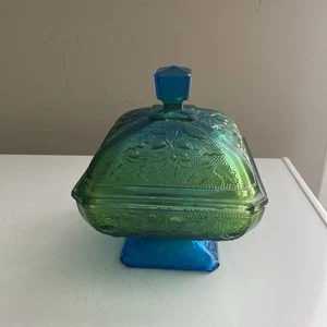 Vintage Jeanette Glass Blue Green Covered Candy Bowl Acorns Indiana Carnival - Picture 1 of 7
