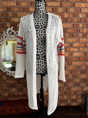 POL Open Birdseye Knit Duster Cardigan (Large) White Sunset Stripe - Image 1 of 4