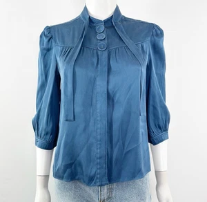 See By Chloe Blue Silk Blouse Top Size 8 Designer Luxury Coquette Tie Neck - Picture 1 of 11