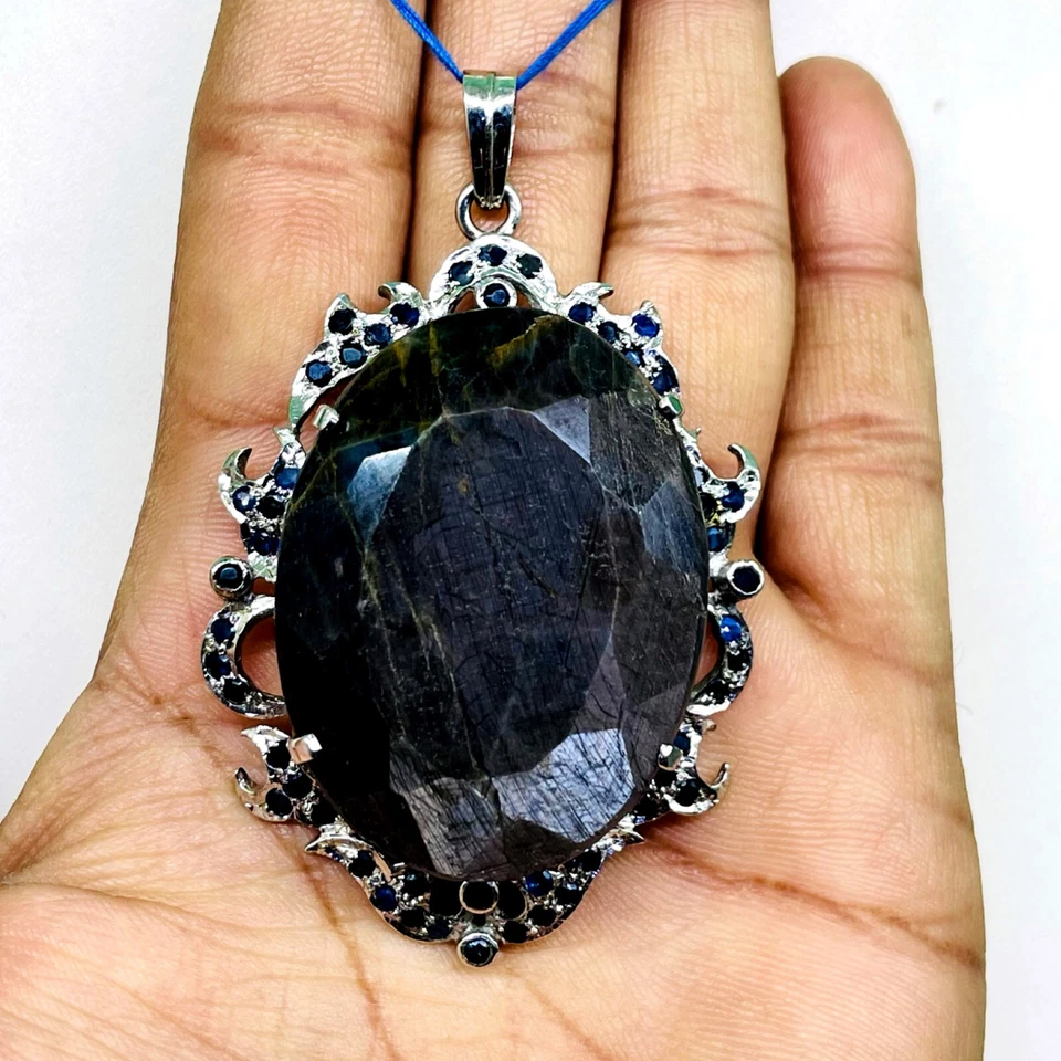 71 G Zertifiziert Natürlicher Saphir Große 925 Sterlingsilber Exquisite Anhänger - Bild 1 von 4