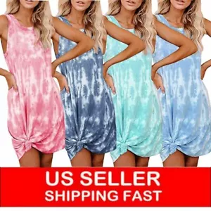 Women Tie Dye Sleeveless TShirt Dress Summer Casual Loose Tank Short Sun Dresses - Picture 1 of 18
