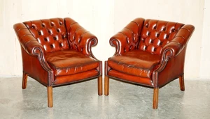 FINE PAIR OF RESTORED CHESTERFIELD LUTYENS VICEROY BROWN LEATHER CLUB ARMCHAIRS - Picture 1 of 24