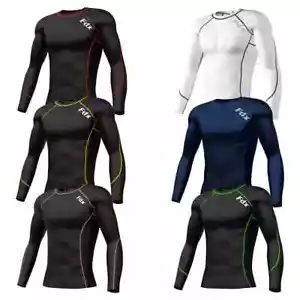 Fdx MENS COMPRESSION BASE-LAYER LONG SLEEVE TOP SKINS FOOTBALL TIGHT MUSCLE GYM - Picture 1 of 11