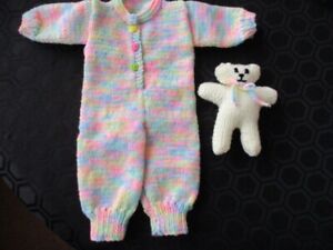 Hand knitted sleepsuit and bear to fit a Designafriend type doll - free UK post
